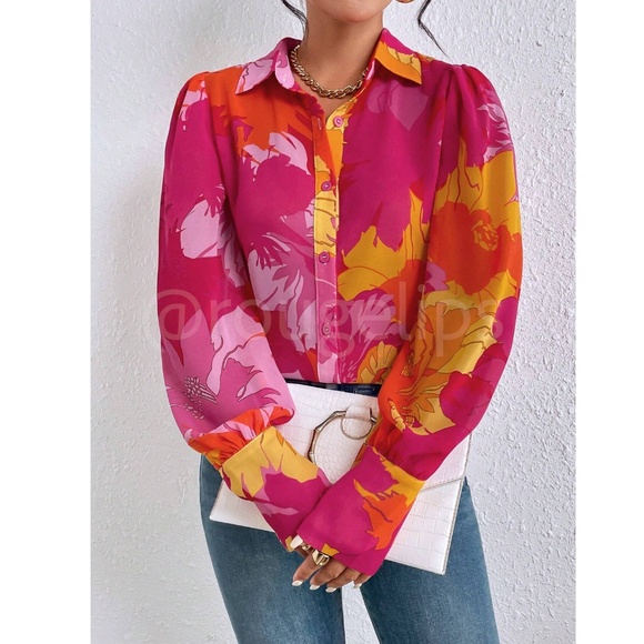 Floral Multicolor Button Down Puff Long Sleeve Sheer Shirt - Picture 6 of 7